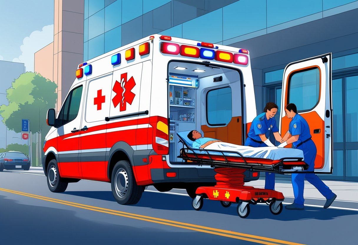Uma ambulância de emergência médica estacionada em frente a um hospital, com paramédicos atendendo um paciente em uma maca.