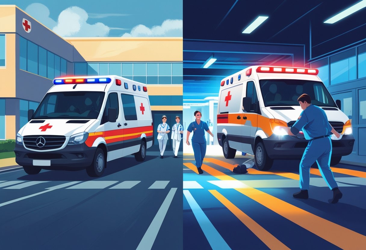 Cena dividida mostrando uma ambulância chegando calmamente para atendimento de urgência médica e outra ambulância em emergência médica com paramédicos realizando reanimação.