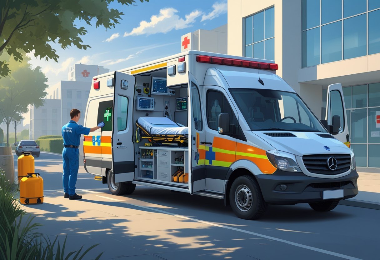 Ambulância Semi UTI: Transporte Seguro Para Pacientes de Média Complexidade 1 Uma ambulância semi UTI com as portas abertas mostrando equipamentos médicos avançados, com um paramédico preparando suprimentos ao lado, em um ambiente urbano durante o dia.