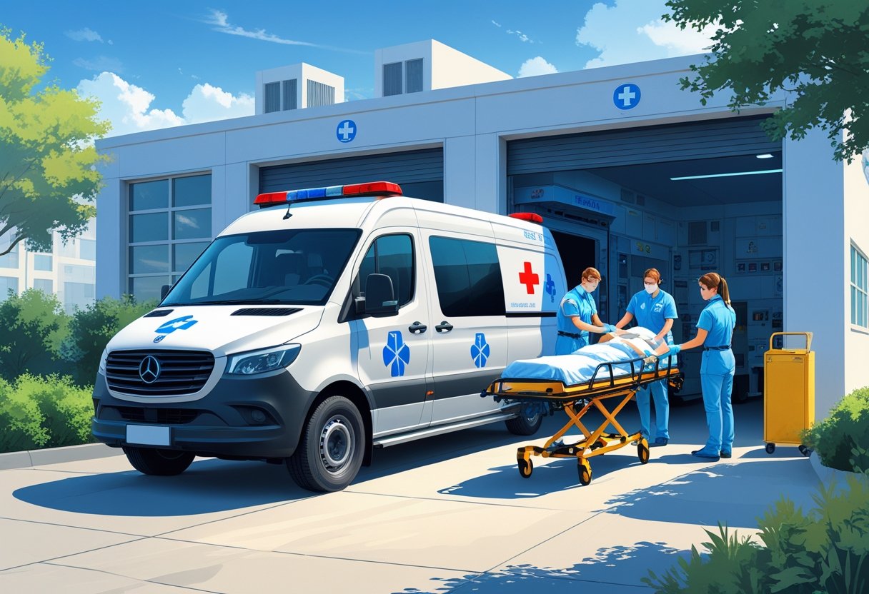 Ambulância particular estacionada com paramédicos atendendo um paciente em uma maca em frente a um prédio da empresa.