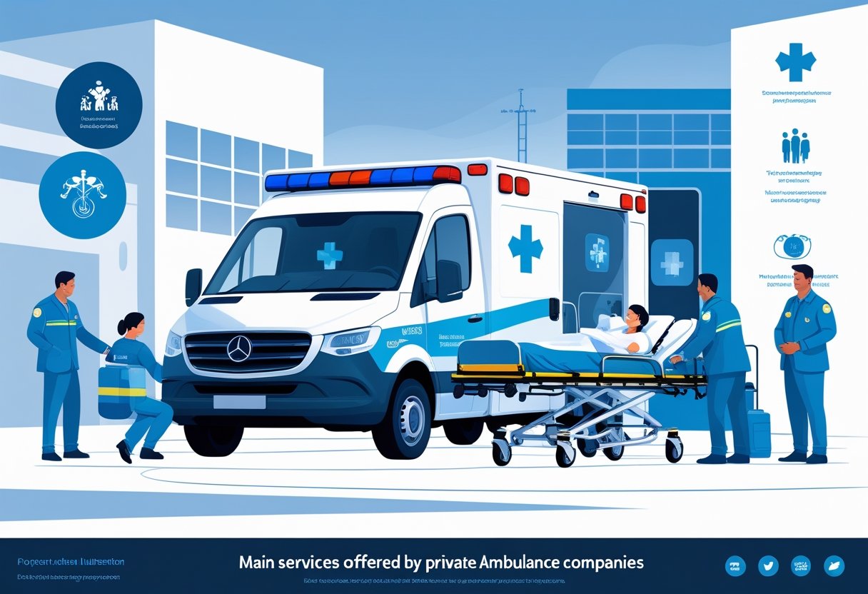 Ambulância moderna com paramédicos atendendo um paciente em uma maca, com hospital ao fundo e símbolos sutis representando serviços médicos.
