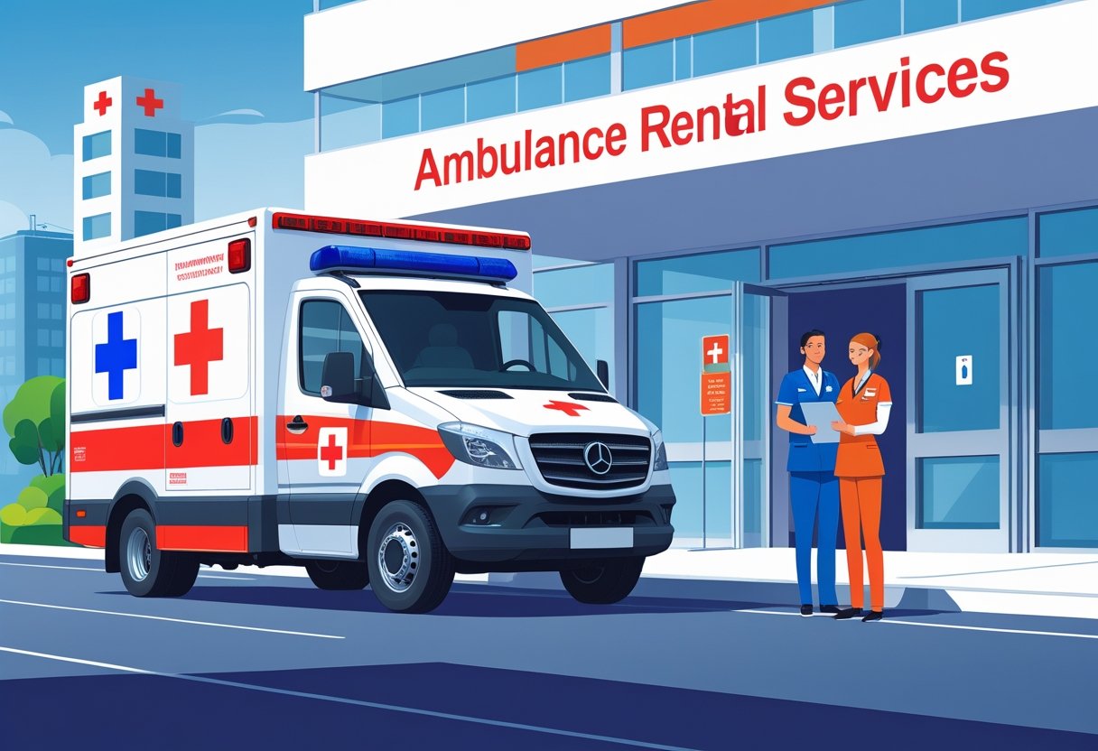 Ambulância moderna estacionada em frente a um hospital, com um profissional de saúde conversando com um paciente.