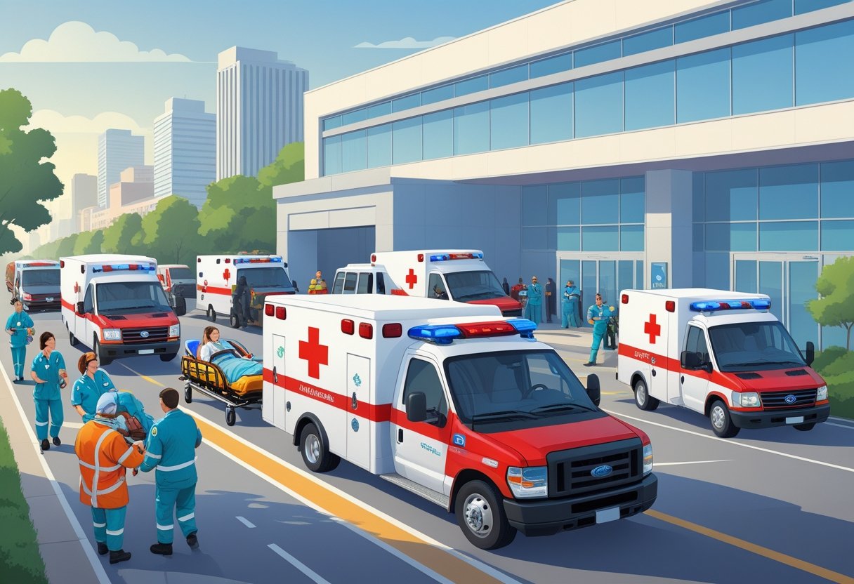 Várias ambulâncias em diferentes situações: atendendo emergência na rua, estacionadas em hospital e em evento público, com paramédicos auxiliando pacientes.