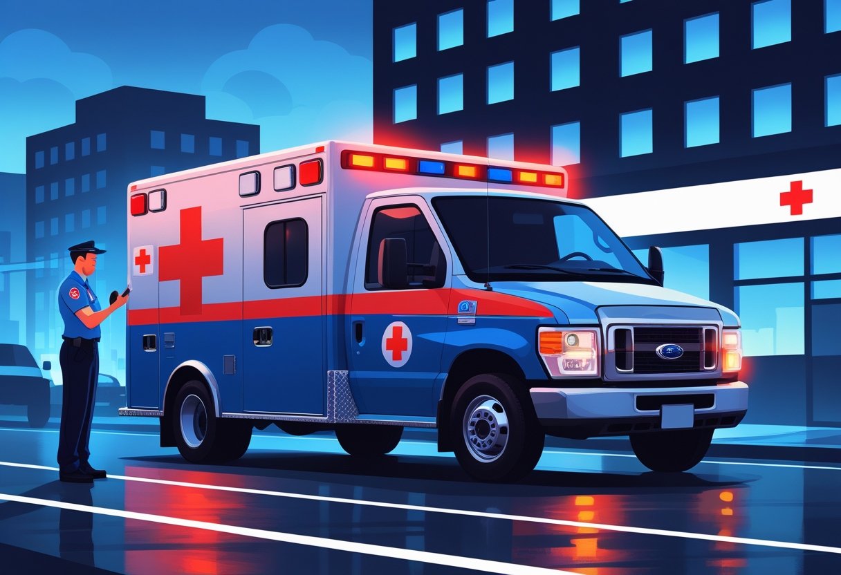 Uma ambulância de emergência com luzes piscando, um paramédico usando rádio, e um hospital ao fundo em uma rua da cidade ao entardecer.