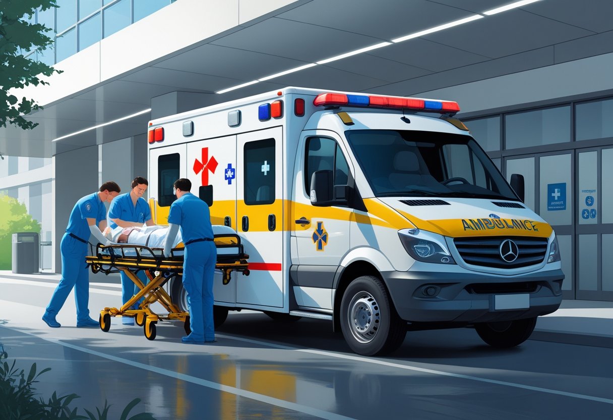 Ambulância de suporte avançado estacionada fora de um hospital com paramédicos atendendo um paciente em uma maca.