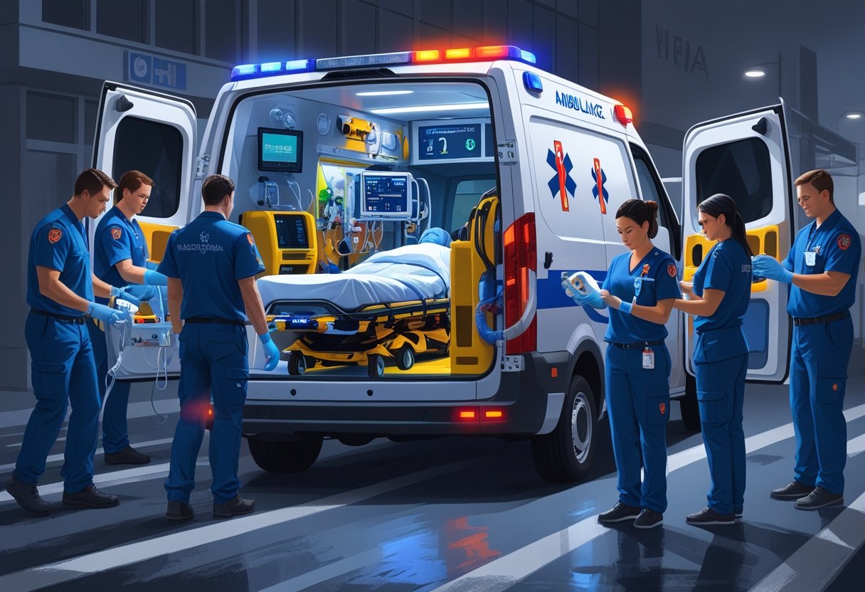 Equipe de profissionais de saúde atendendo em uma ambulância de suporte avançado com equipamentos médicos modernos em um ambiente urbano.