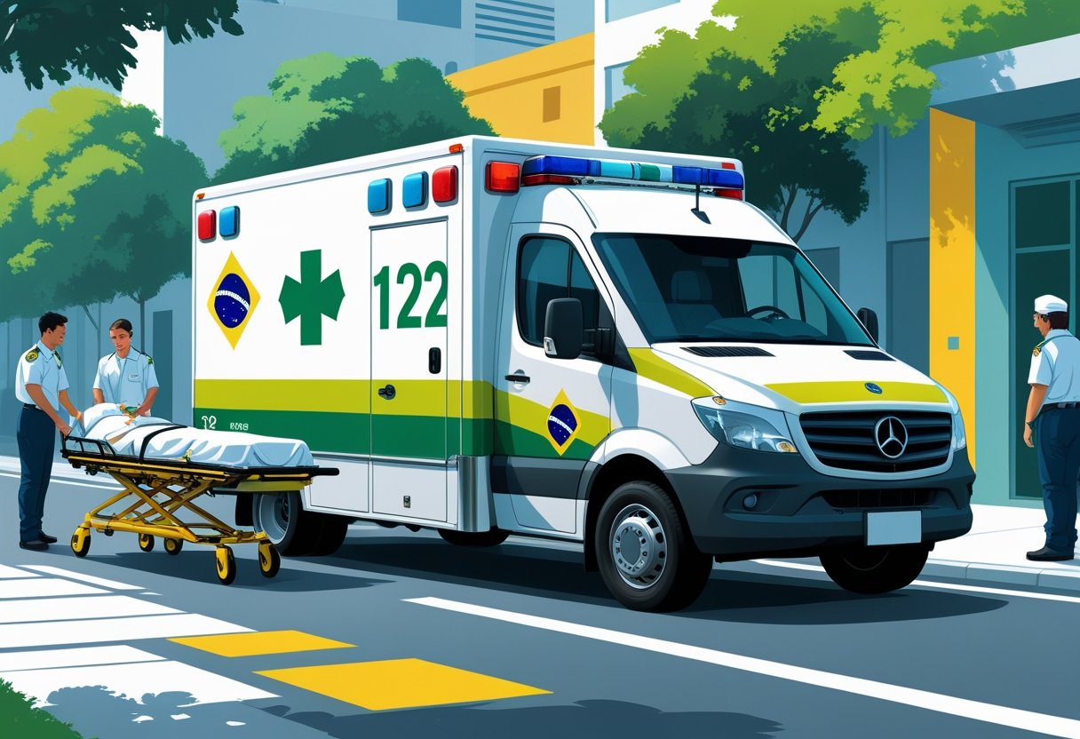 Uma ambulância brasileira com paramédicos atendendo um paciente em uma rua da cidade.