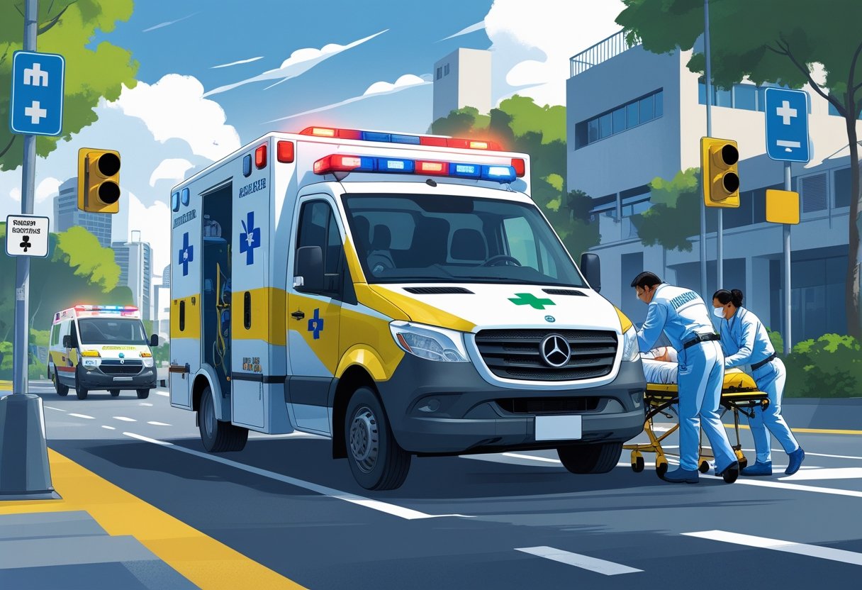 Ambulância brasileira em atendimento, com paramédicos cuidando de paciente em ambiente urbano.