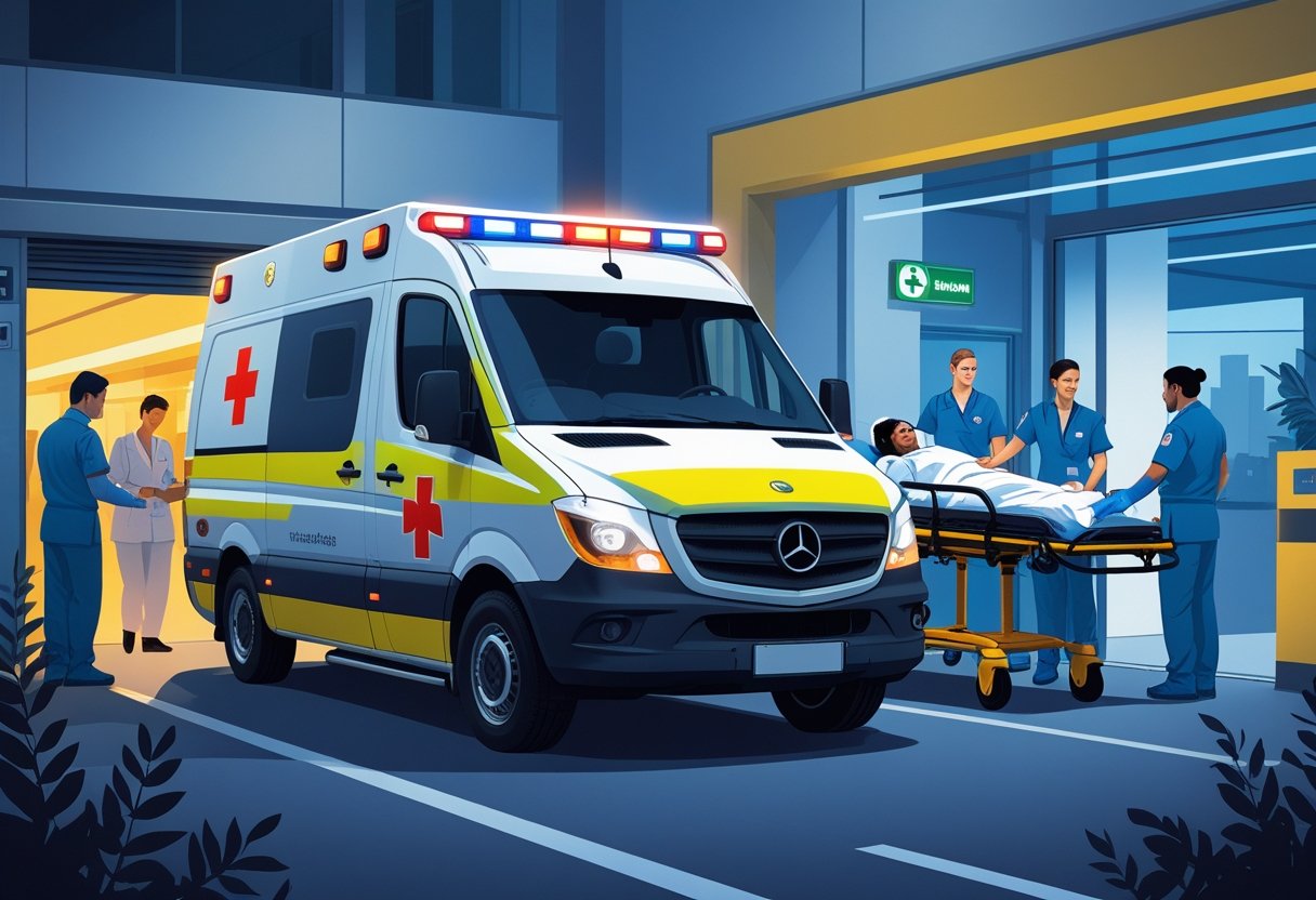 Ambulância particular com paramédicos atendendo um paciente em uma maca próximo à entrada de um hospital.