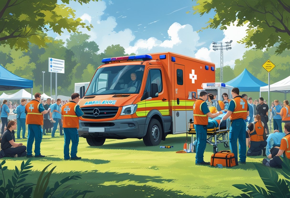 Ambulância estacionada próxima a um evento ao ar livre com paramédicos atendendo pessoas e interagindo com a equipe do evento.