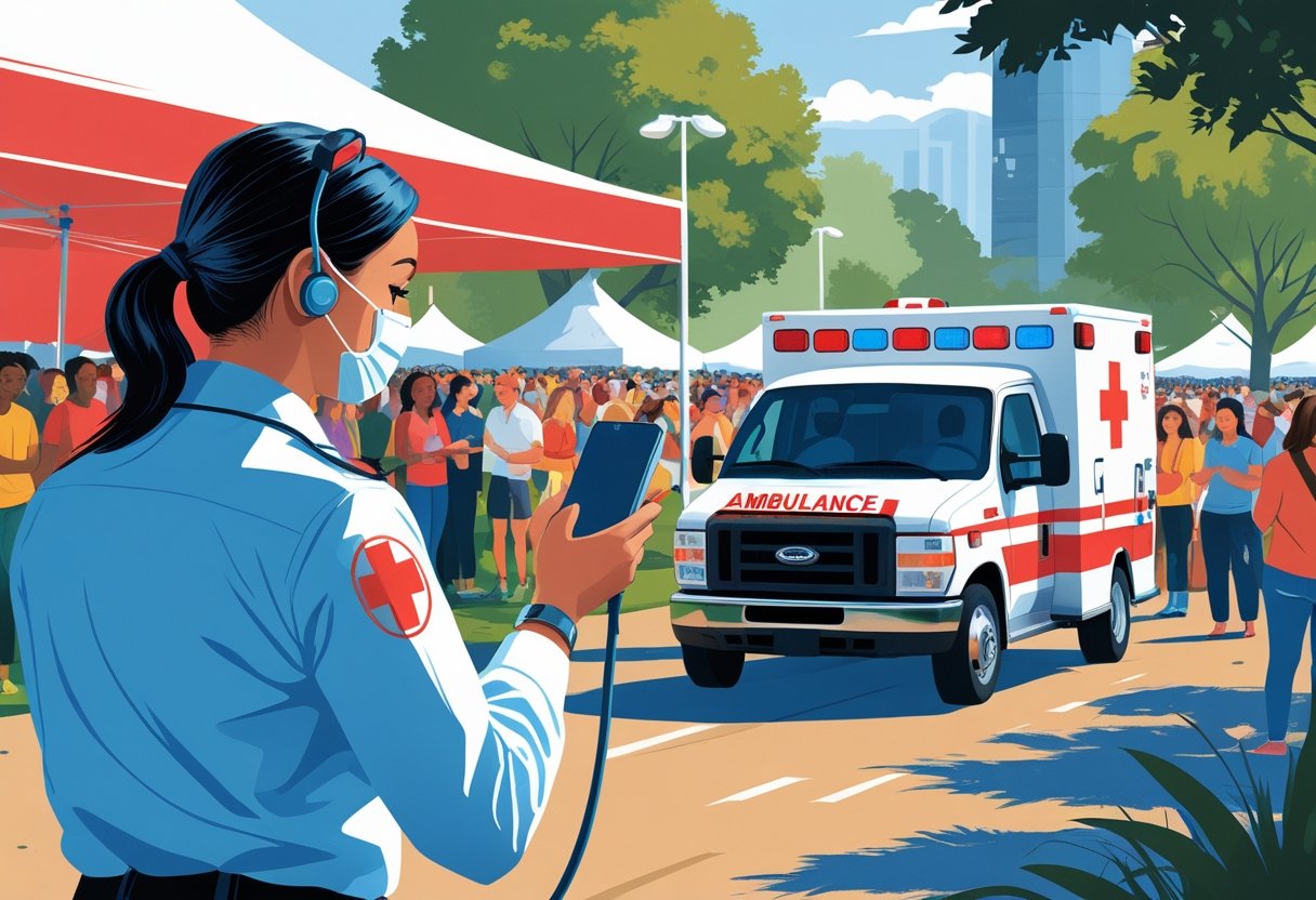 Profissional de saúde comunicando-se por rádio com ambulância chegando em evento ao ar livre com público e postos de primeiros socorros visíveis.