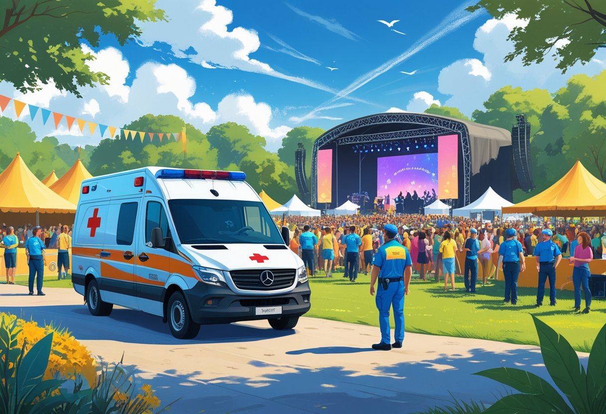 Ambulância estacionada próxima a um evento ao ar livre com pessoas e paramédicos atentos, mostrando a importância da cobertura médica em eventos.