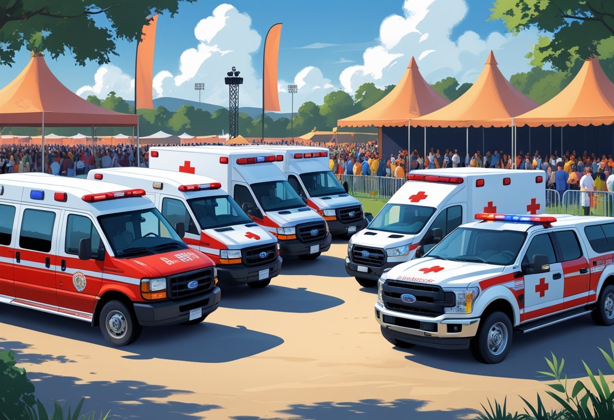 Vários tipos de ambulâncias estacionadas em um evento ao ar livre, com pessoas e estrutura de evento ao fundo.