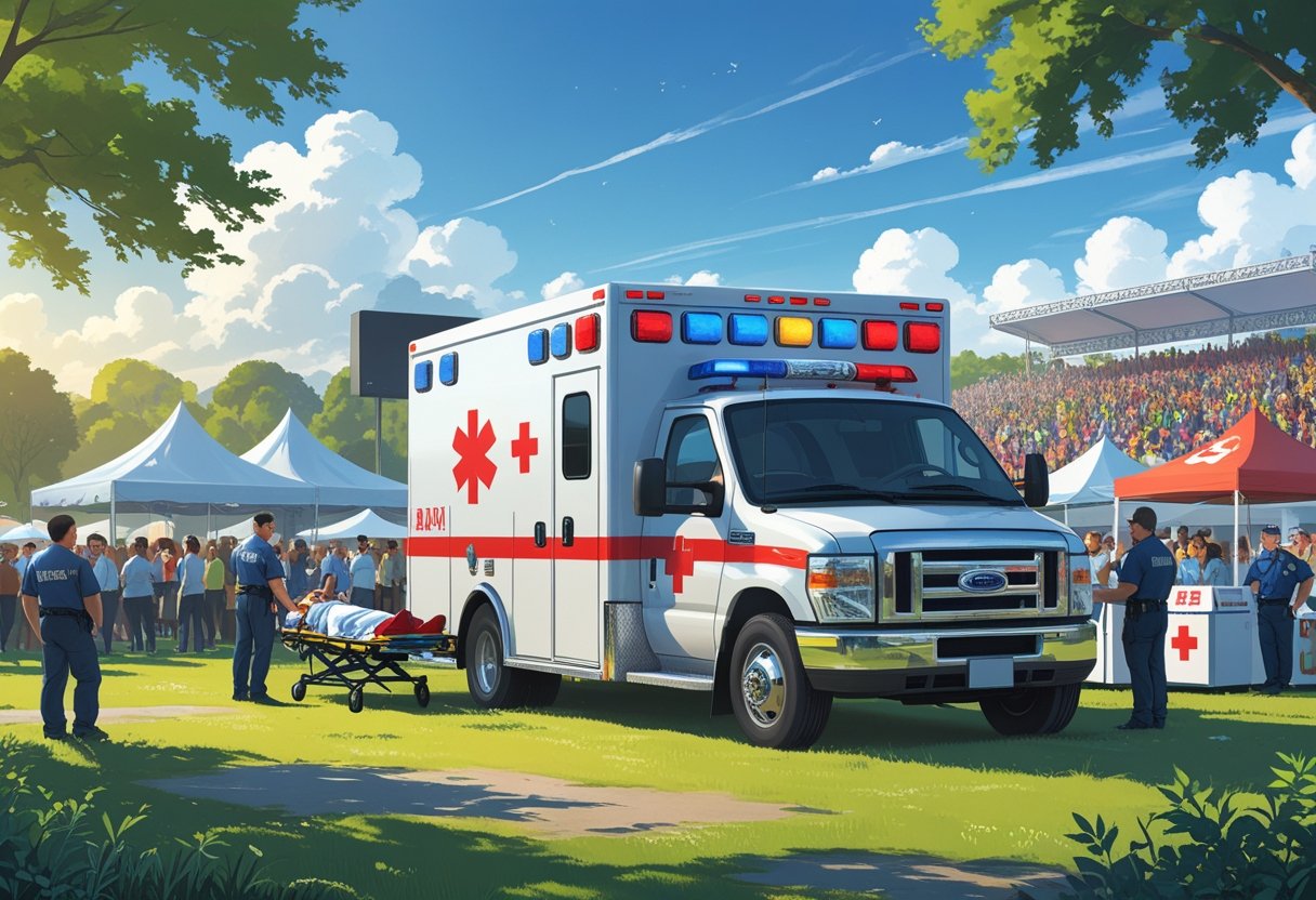 Ambulância estacionada em um evento ao ar livre com pessoas ao fundo e paramédicos atendendo uma pessoa ferida.