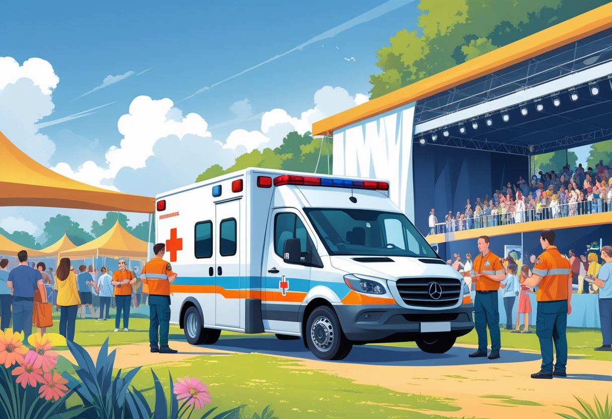 Ambulância estacionada próxima a um evento ao ar livre com pessoas e paramédicos prontos para atender em caso de emergência.