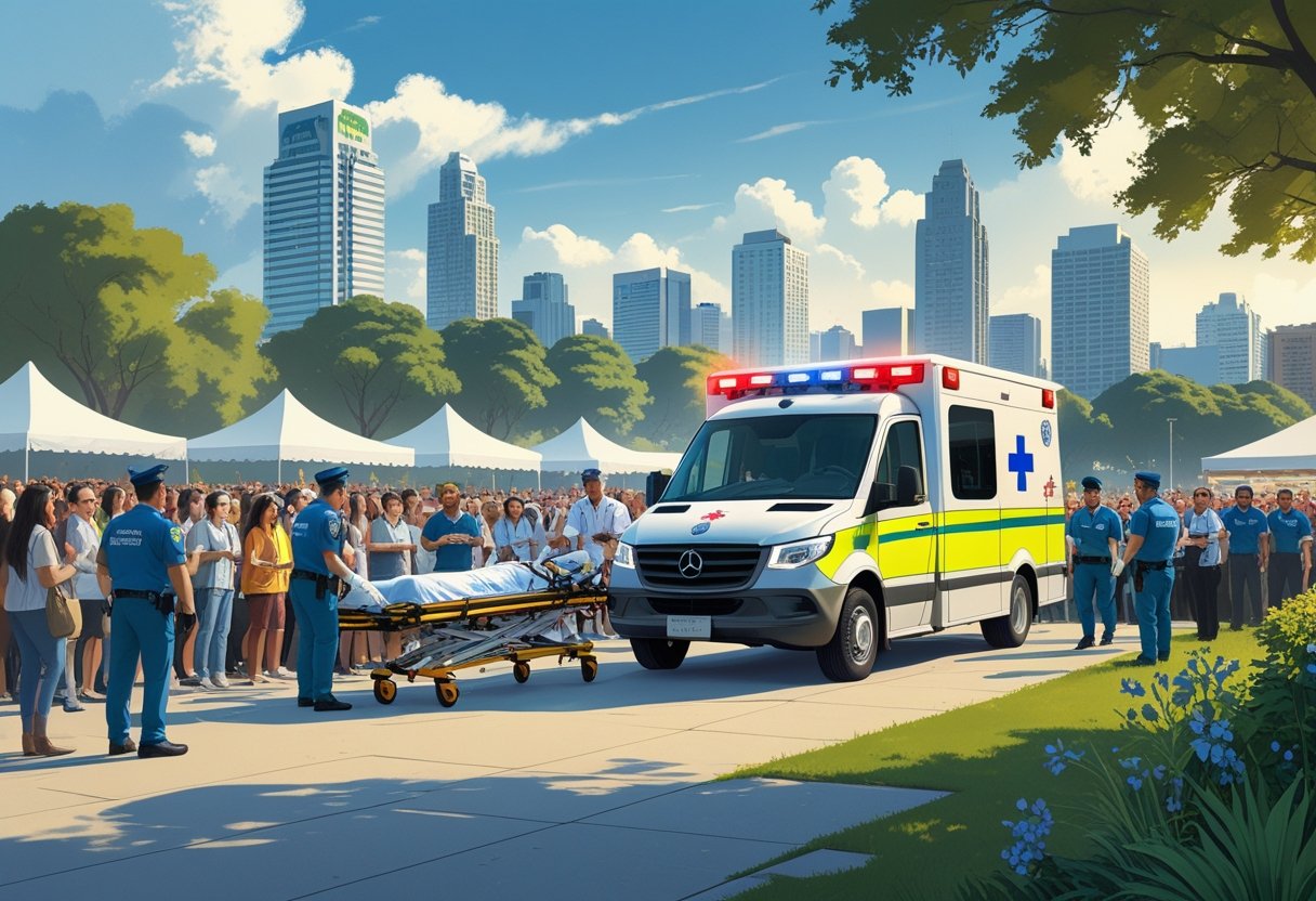 Ambulância em São Paulo para Eventos: Serviços Essenciais de Atendimento Médico 1 Ambulância estacionada em evento ao ar livre em São Paulo, com paramédicos atendendo uma pessoa e pessoas ao redor em ambiente urbano.