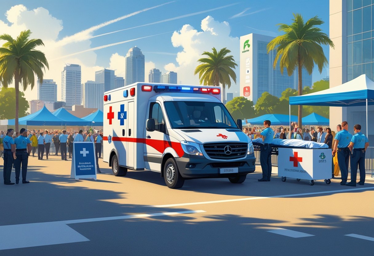 Ambulância em São Paulo para Eventos: Serviços Essenciais de Atendimento Médico 2 Uma ambulância estacionada em um evento ao ar livre em São Paulo, com profissionais de saúde atendendo um paciente e pessoas ao redor.