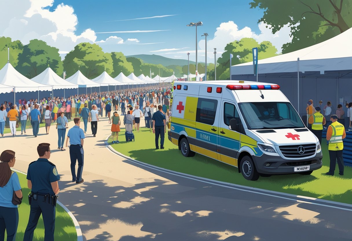 Ambulância para Evento: Como Garantir Segurança e Atendimento Médico Adequado 2 Ambulância posicionada ao lado de um evento ao ar livre com pessoas e paramédicos prontos para atendimento.