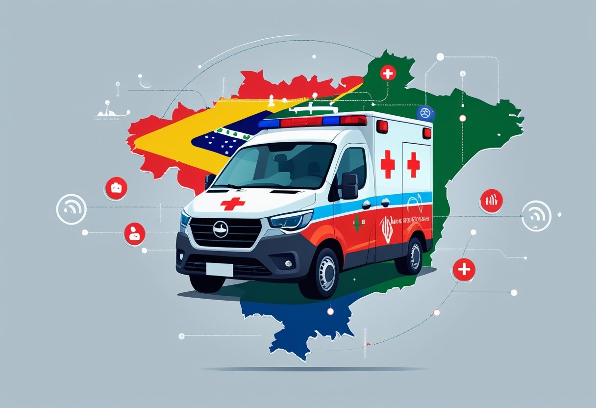 Ambulância moderna com símbolos médicos e elementos que representam comunicação telefônica, com um mapa simplificado do Brasil ao fundo destacando cidades principais.