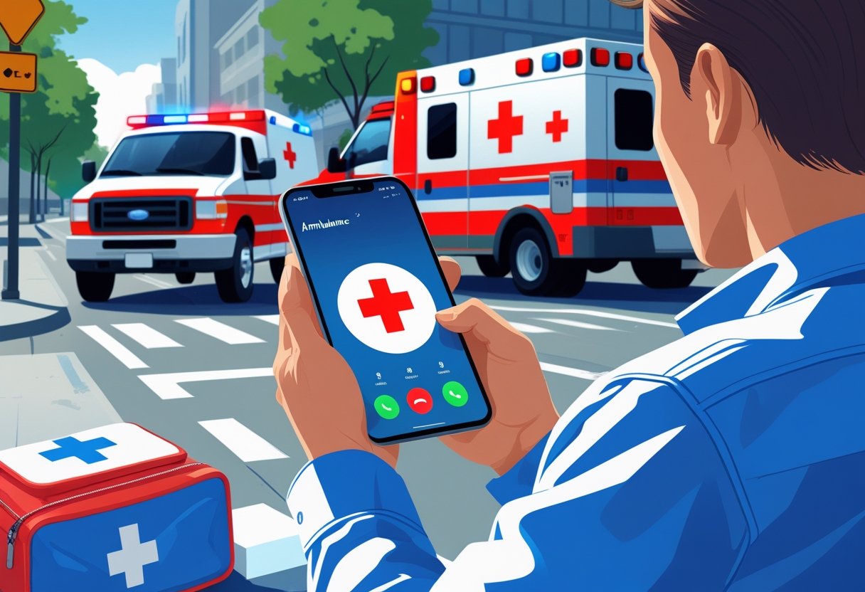 Pessoa discando um telefone com ícone de ambulância na tela, com uma ambulância se aproximando com luzes piscando ao fundo.