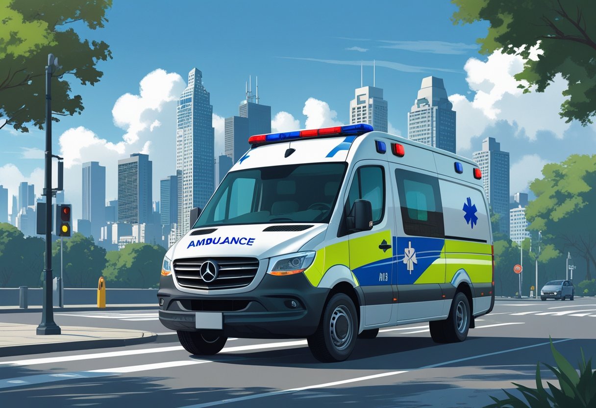 Uma ambulância particular estacionada em uma rua da cidade de São Paulo, com prédios e elementos urbanos ao fundo.