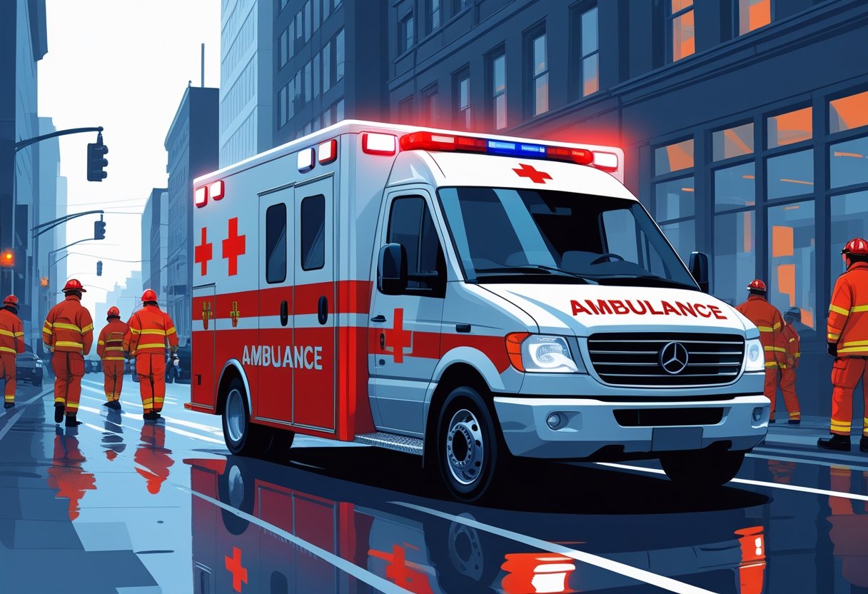 Uma ambulância em uma rua da cidade com socorristas atendendo uma emergência, destacando a importância do número da ambulância.
