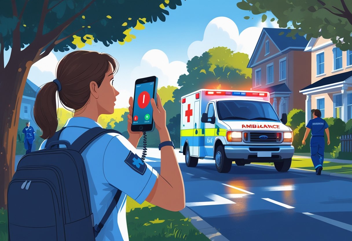 Pessoa preocupada fazendo uma ligação de emergência para a ambulância, com uma ambulância chegando ao local e paramédicos prontos para ajudar.
