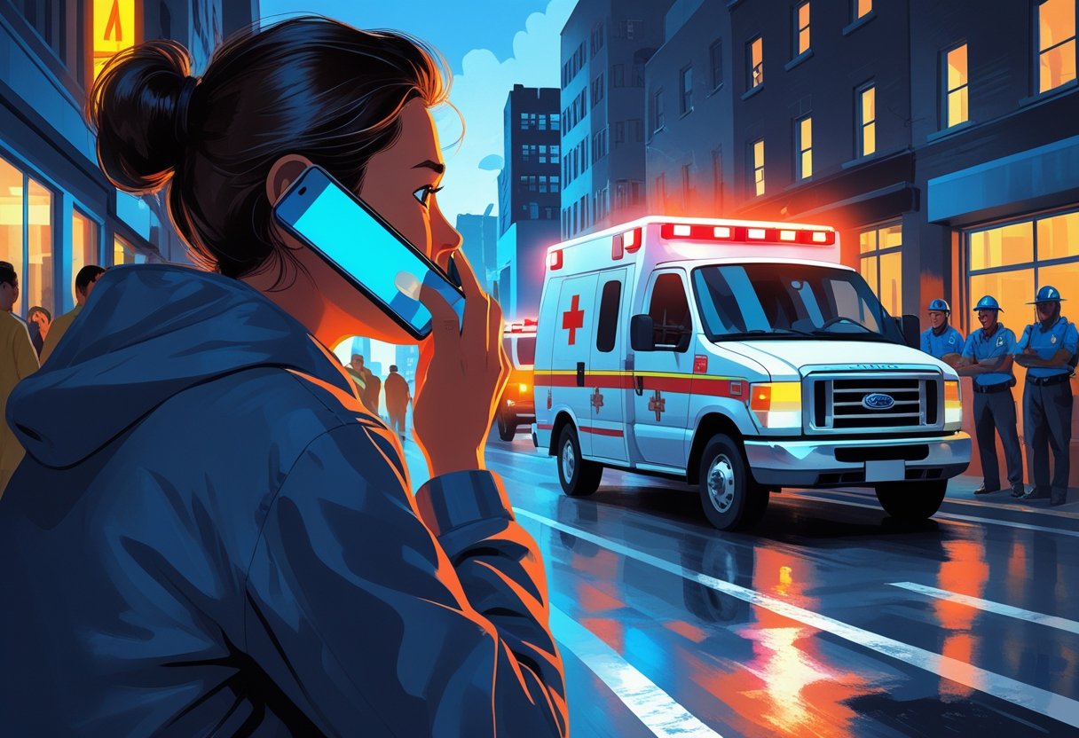 Pessoa preocupada ligando para a ambulância enquanto um veículo de emergência se aproxima em uma rua movimentada.
