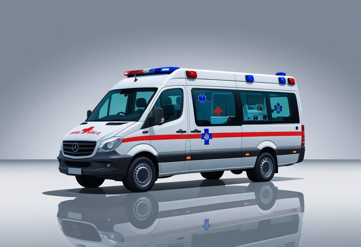 Uma ambulância Tipo E branca com luzes de emergência, vista de frente e lateral, mostrando equipamentos médicos visíveis pelas janelas.