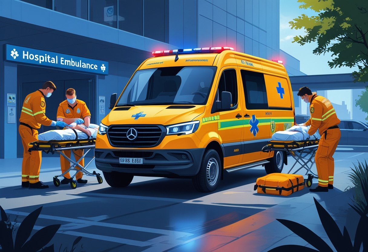 Ambulância Tipo E com paramédicos atendendo pacientes em diferentes situações de emergência em frente a um hospital.