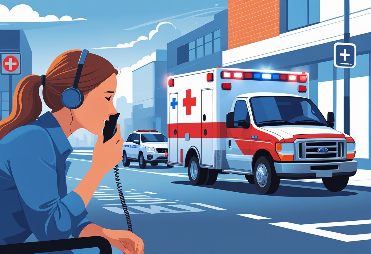 Pessoa ligando para a ambulância em uma rua da cidade, com uma ambulância se aproximando com luzes piscando.
