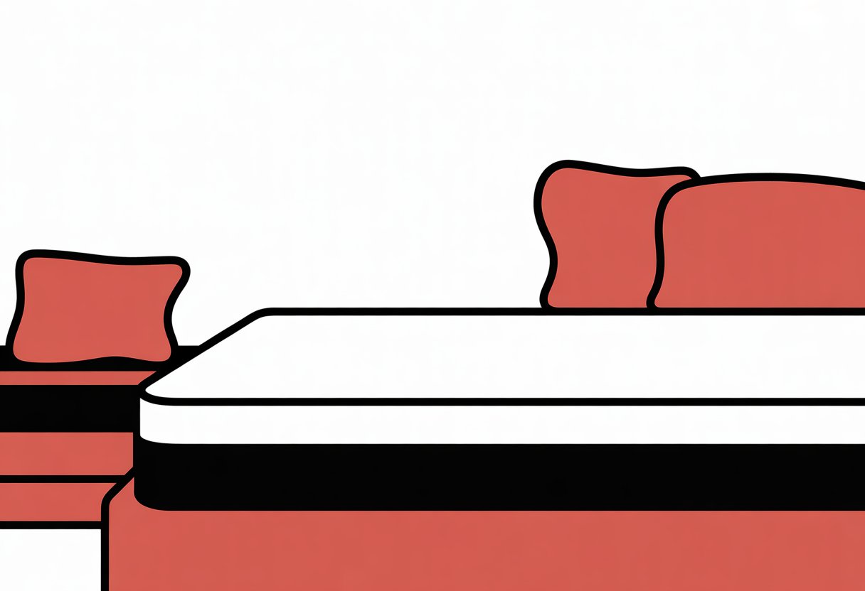A simple illustration of a queen size mattress in a bedroom, showing pillows and a blanket on the bed.