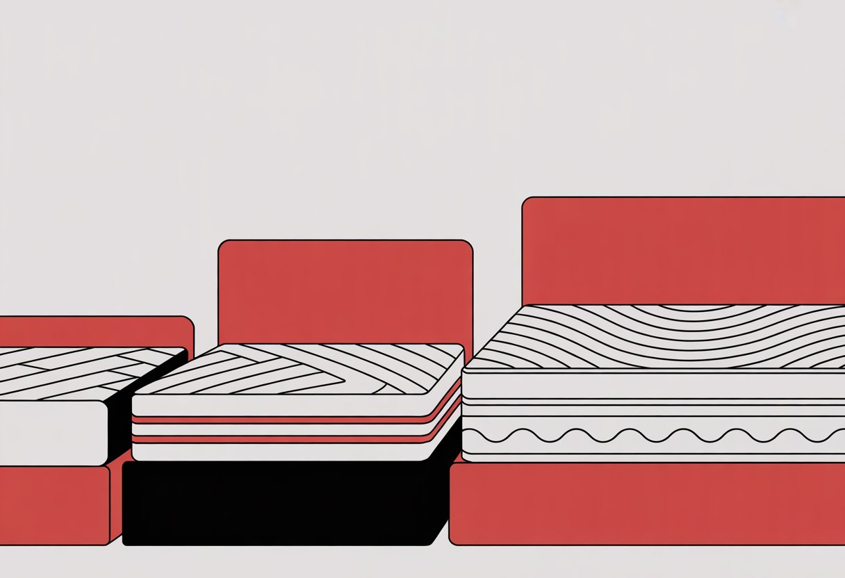 Three queen size mattresses shown side by side, each with a different pattern to represent various mattress materials.