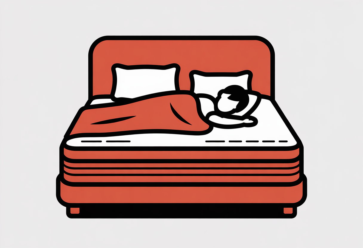 A simple illustration of a queen size mattress with pillows and a sleeping person in a bedroom.