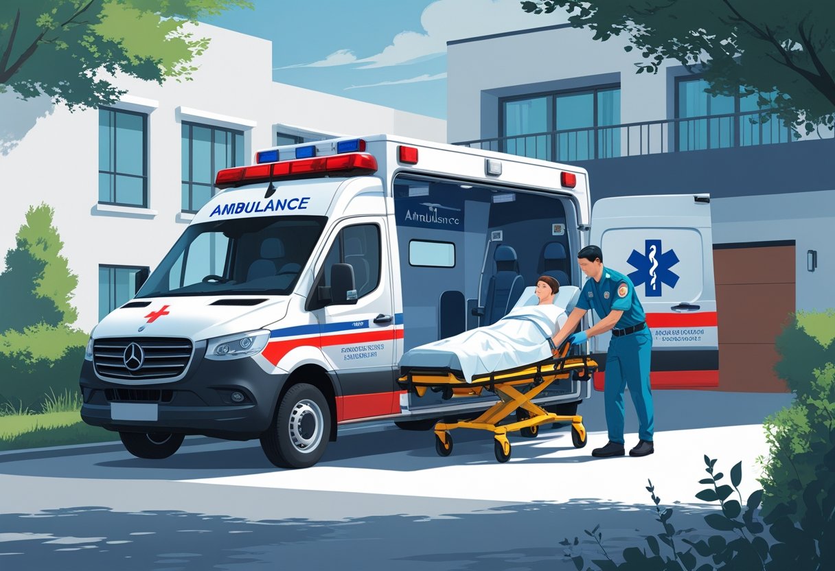 Ambulância particular estacionada em frente a um prédio residencial, com um paramédico ajudando um paciente em uma maca a entrar na ambulância.