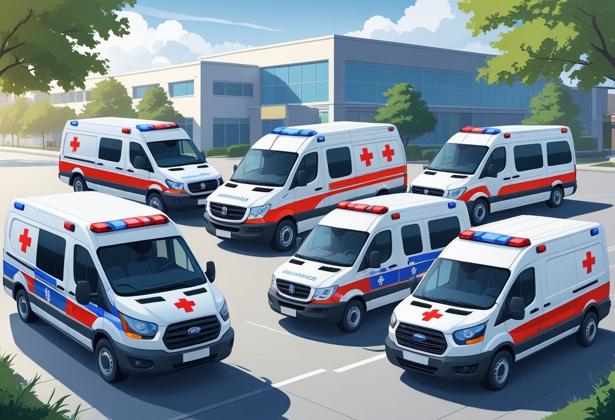 Vários tipos de ambulâncias particulares estacionadas, incluindo ambulância básica, avançada e acessível para cadeirantes, em ambiente urbano.