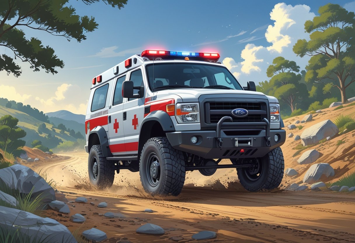 Ambulância 4x4 robusta dirigindo em estrada de terra com terreno acidentado e vegetação ao redor.