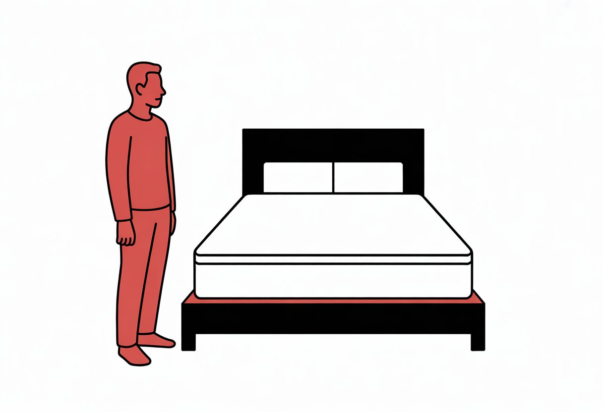 A person stands thoughtfully next to a full size mattress on a bed frame in a simple bedroom.