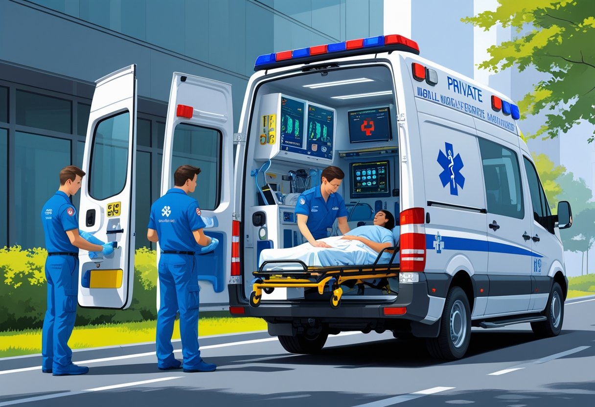 Ambulância UTI móvel particular com paramédicos atendendo paciente em maca, mostrando equipamentos médicos avançados dentro do veículo.