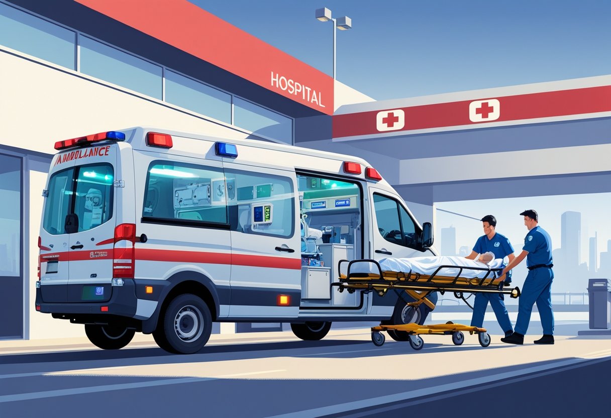 Ambulância móvel de UTI particular estacionada em frente a um hospital, com paramédicos atendendo um paciente em uma maca para transporte.