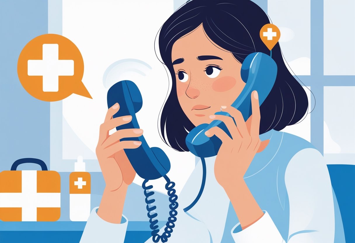 Pessoa preocupada segurando um telefone para ligar para uma ambulância, com um ícone de ambulância ao fundo.
