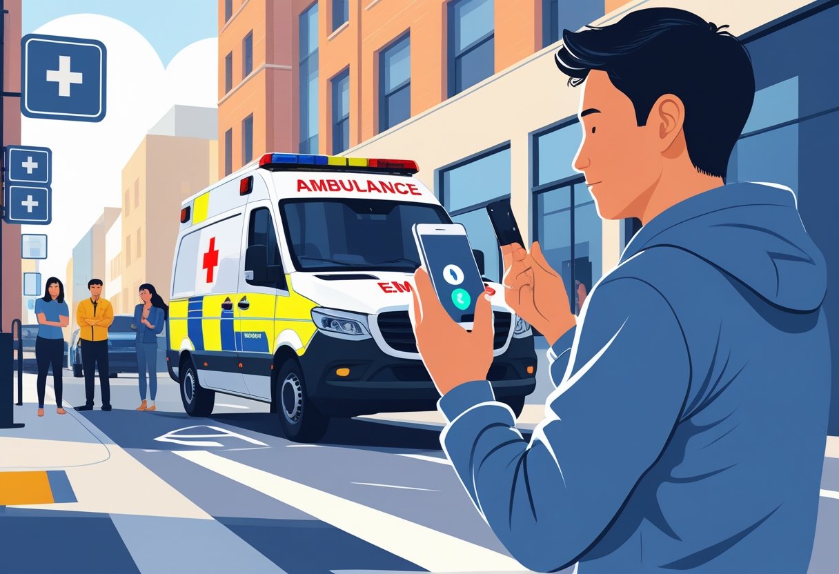 Pessoa segurando um celular discando para uma ambulância com uma ambulância ao fundo em uma rua urbana.