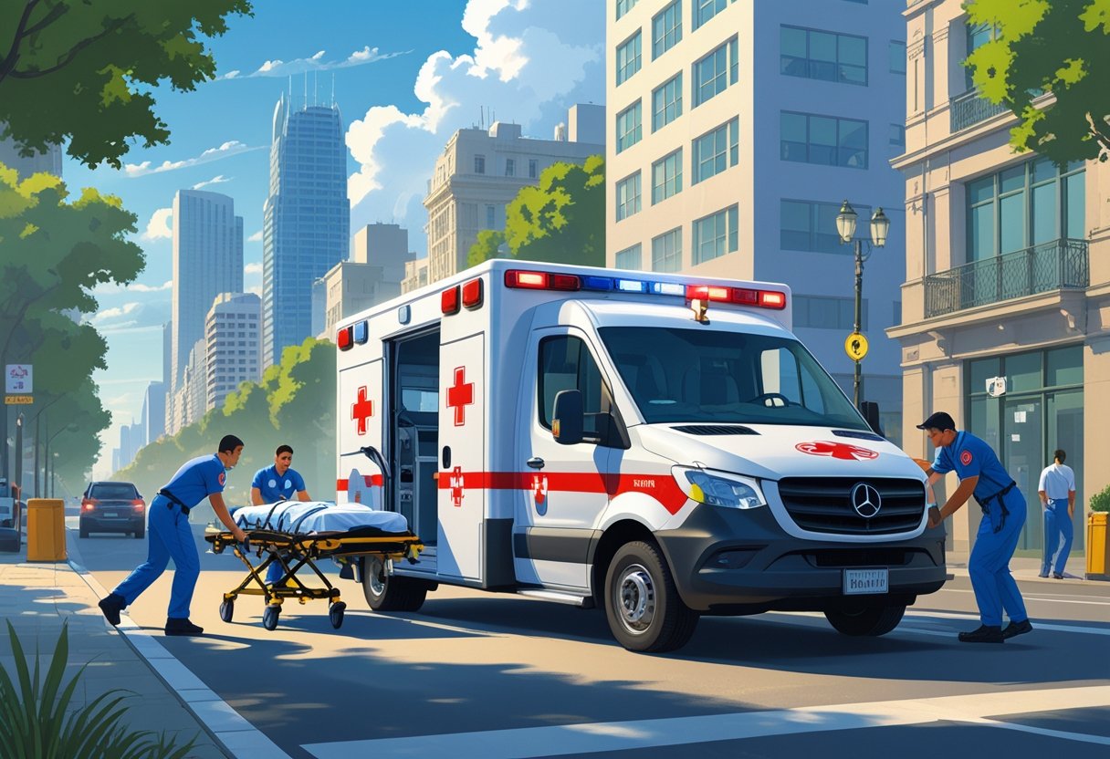 Uma ambulância particular estacionada em uma rua movimentada de São Paulo, com paramédicos ajudando um paciente em uma maca a entrar no veículo, cercada por prédios altos da cidade.