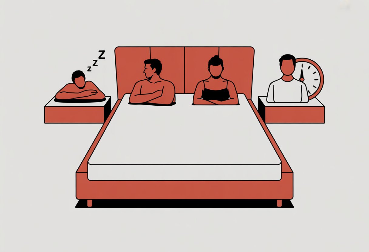 A large king size bed with three simple icons around it representing comfort, spaciousness, and better sleep.