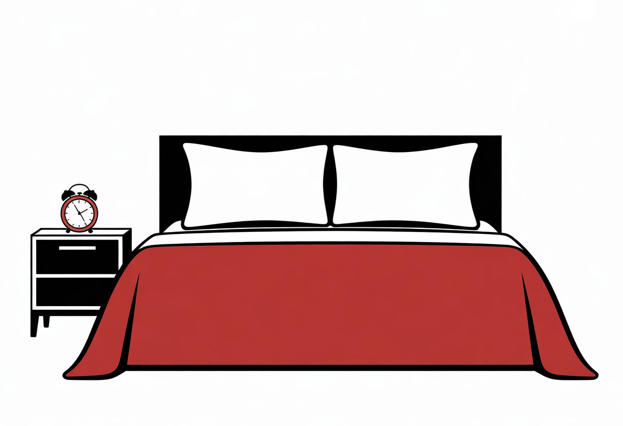 A king size bed with a folded blanket and two pillows, next to a bedside table with an alarm clock.