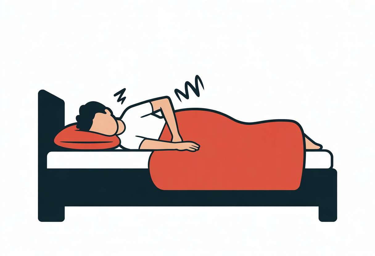 A person lying on a mattress, showing signs of back discomfort while trying to sleep.