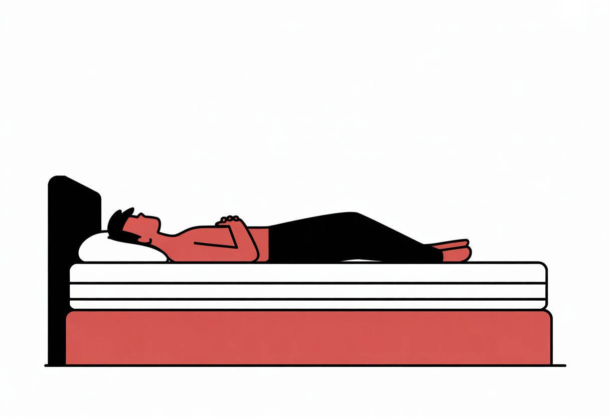 A simple illustration showing a person lying on a mattress in a bedroom, highlighting comfort and support for back pain.