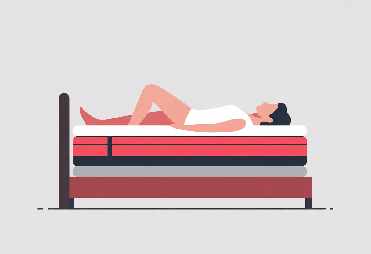 A simplified bedroom scene showing a person lying on a mattress with three distinct firmness layers, highlighting back support.