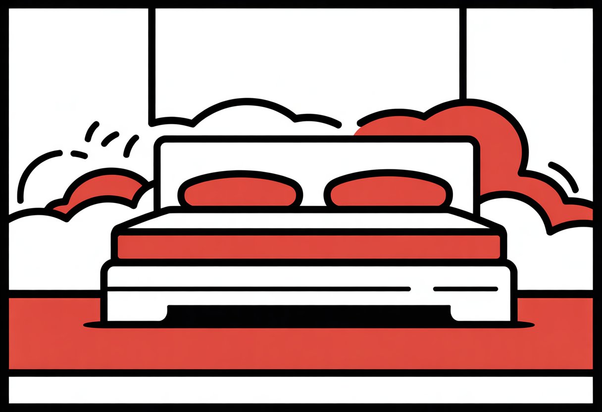 A simple bedroom scene showing a bed with a smooth, contoured mattress and abstract shapes around it representing comfort and support.