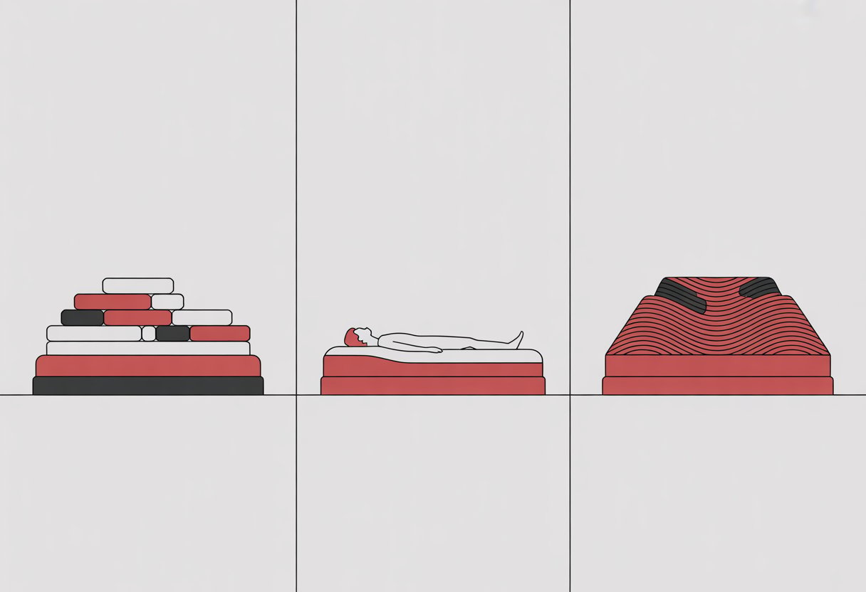 Three-panel illustration showing different memory foam mattresses: one with layered foam blocks, one with a person lying down highlighting support zones, and one with a wave pattern representing cooling features.